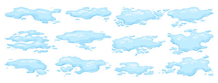 Water spill puddles set. Blue liquid various shape in flat cartoon style. Clean fluid drop design elements isolted on white backgroundのイラスト素材