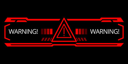 Hud danger alert. Attention vector red interface sign, warning or caution UI. Tech or digital cyber frame. System failure or danger zoneのイラスト素材