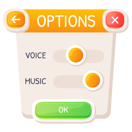Game UI button. Mobile application or game interface element. Cartoon colorful design. Sticker or label for user interfaceのイラスト素材