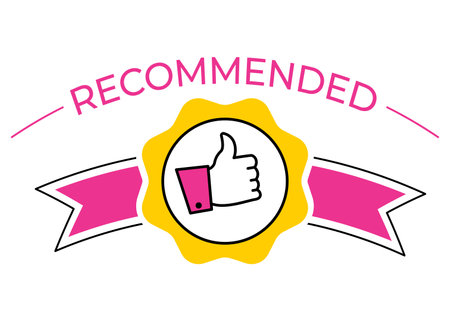 Recommend badge. Colorful tag design with thumb up, isolated on white background. Recommendation and approval of production, isolated label. Promotional bright banner, premium qualityのイラスト素材
