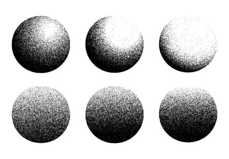 Dotwork noise gradient circles. Sand grain effect. Black noise stipple dots patterns. Abstract grunge dotwork gradients. Black grain dots elements. Halftone circles. Dotted vector setのイラスト素材