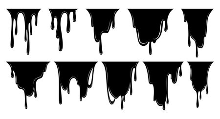 Paint dripping liquid set. Flowing oil stain. Set of black drips. Abstract flow stencil, current ink streak or fluid smudge. Vector illustration on white backgroundのイラスト素材