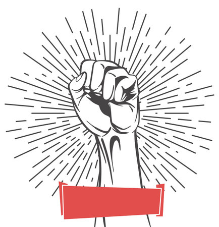 Rised fist hand gesture emblem. Vector hand clenched into fist and rising up, symbol isolated on white background. Power sign. Human hand up in the airのイラスト素材