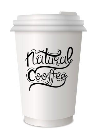 Coffee to go lettering on disposable cup. Lettering emblem quotes text. Hot street drink cardboard packaging plastic or paper cap diversity. Trendy and bright graffiti styleのイラスト素材