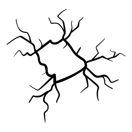 Ground cracks, breaks on land surface from earthquake isolated on white background. Vector realistic fissure, crevices from disaster or drought, black fractures top viewのイラスト素材