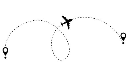 Airplane dotted route line. Path travel line shape. Flight route with start point and dash line trace for plane isolated vector illustrationのイラスト素材