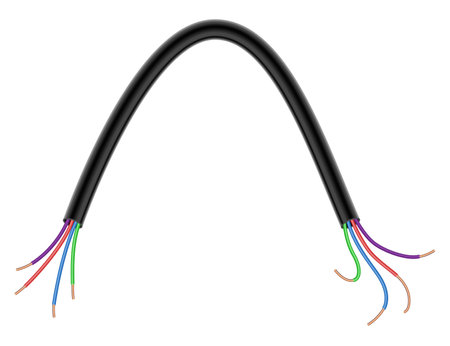 Broken electrical copper wire or cord. Damaged electric power cable. Torn wire with bare wire. Danger electric problem. Color electricity cable. Vector illustration isolated on white backgroundのイラスト素材