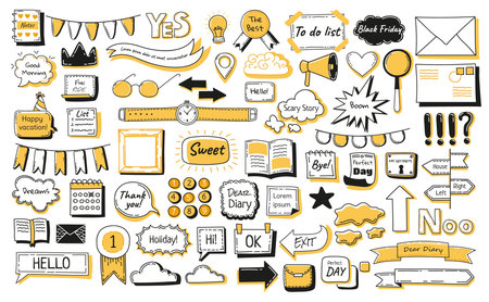 Journal doodle icons set. Hand drawn banners and elements for notebook, diary and planner. Doodle scribble style. Vector illustrationのイラスト素材