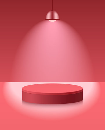 Light podium with hanging lamp, spot light. Abstract empty room with red color cylinder stand pedestal. Vector stage for showcase, display presentation. Studio room conceptのイラスト素材