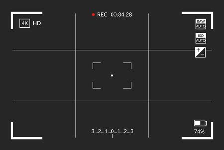 Viewfinder video recording. Camera focusing screen. Black screen camera with video shooting parameters, video quality indicators. Digital zoom recording for modern bloggers, vector illustrationのイラスト素材