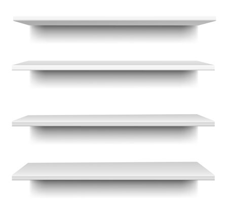 Promotional mockup set. Shop product shelves. Empty space. Vector announcement promotion saleのイラスト素材