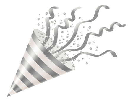 Party poppers with spraying confetti and streamer. Festive decoration element of paper and tinsel isolated on white background. Vector holiday event attributeのイラスト素材