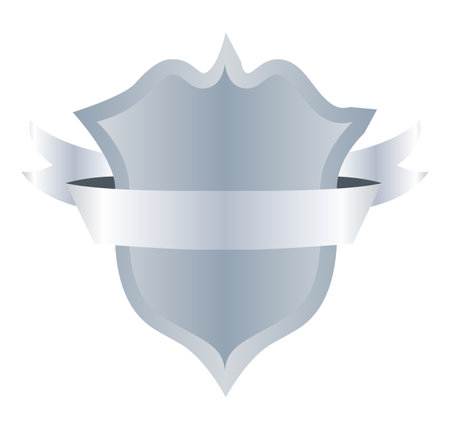 Heraldic blank shield icon with ribbon. Security illustration sign. Knight award symbol. Medieval royal vintage badge isolated on whiteのイラスト素材