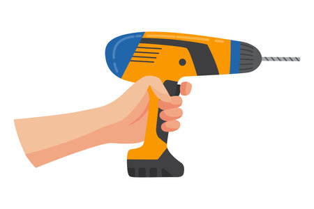Construction tool in hand, drill. Repair and housework equipment in flat design, vector illustration. Master tool for building renovationのイラスト素材