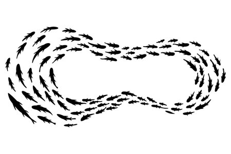 Fish school or shoal, vector silhouette. Shoal of fishes isolated on white. Sea fishes group in ocean or marine water. Illustration of colony small fishのイラスト素材