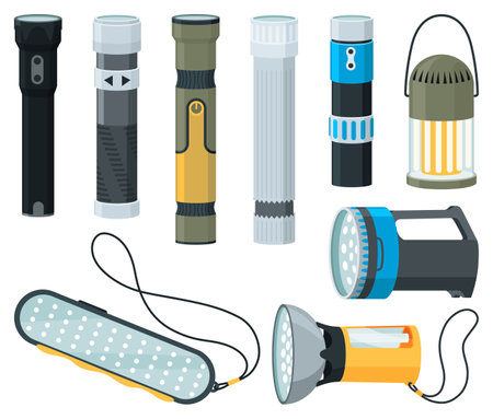 Flashlight of light icon set with spotlight or flash function. Light lantern isolated on white background. Vector cartoon illustrationのイラスト素材