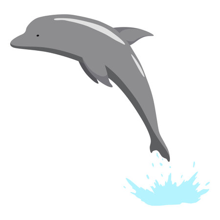 Dolphin jumping out of water animation element. Illustration of dolphin performing an acrobatic jump in the ocean. Great for marine life or summer vacation designsのイラスト素材