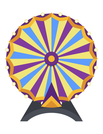 Wheel fortune. Roulette game wheel with sections, flat icon. Spin lucky wheel, casino, money game symbol. Isolated vector illustrationのイラスト素材
