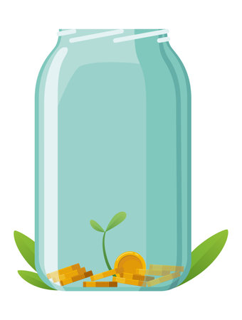 Investing bottle money, icon. Money growing concept, finance savings tree, finances investment. Money growing plant step with deposit coin in bank conceptのイラスト素材