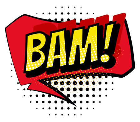 Comic colored hand drawn speech bubble. Retro cartoon sticker. Funny design vector item illustration. Comic text BAM sound effect in pop art styleのイラスト素材