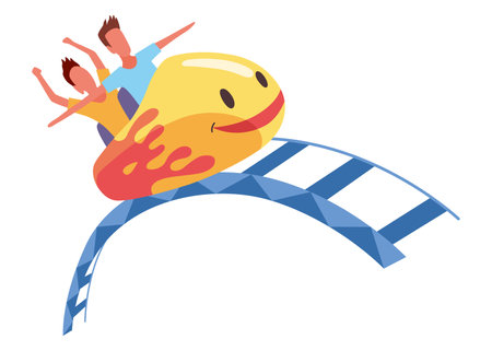 Roller coaster happy people. Rollercoaster. Friends riding in amusement park have fun positive emotion, park attractions. Young people having fun and enjoyment, cartoon vector illustrationのイラスト素材