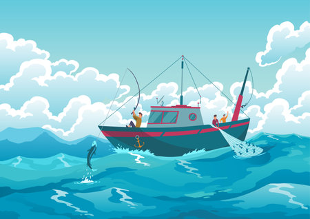 Fishing boat. Commercial fishing industry, ship in ocean. Banner with watercraft or motor boat for fishing industry and fishermen characters. Seascape with fishermen on fishing boat with netsのイラスト素材