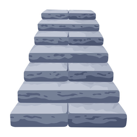 Game castle stairs in cartoon style. Medieval ancient ladder flights without railings, marble step treads or rock risers with cracked details. Vector staircase isolated on white backgroundのイラスト素材
