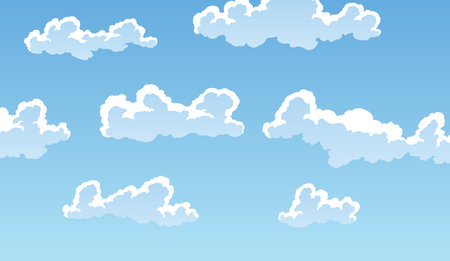 Cartoon clouds landscape light background. Cloudscape in blue sky, white cloud illustration. Blue sky panorama, vector patternのイラスト素材