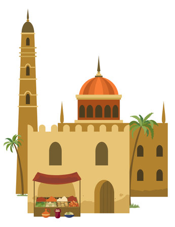Middle east. Arabic desert with traditional mud brick houses. Ancient building. Flat vector illustrationのイラスト素材