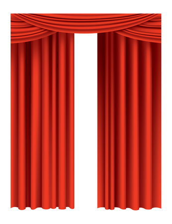 Red curtains realistic. Theater fabric silk decoration for movie cinema or opera hall. Curtains and draperies interior decoration object. Isolated on transparent for theater stageのイラスト素材