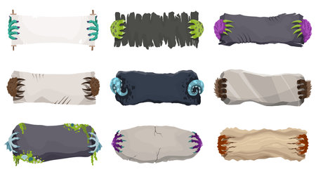 Monsters hands holding banners. Characters paws, creepy fingers with talons holding parchment scroll, wooden plank and stone plate, piece of fabric in cartoon vector designのイラスト素材