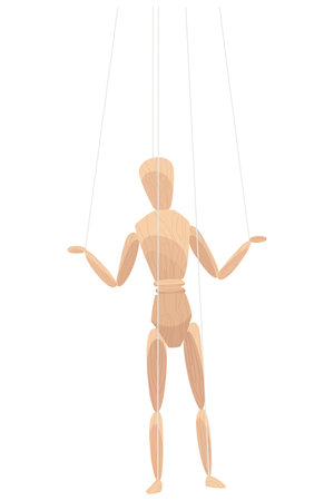 Wooden marionette with joints. Wood human anatomy, statue doll or handmade puppet theater toy men figure. Dummy or mannequin at control rope, vector illustrationのイラスト素材