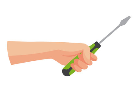 Construction tool in hand, screwdriver. Repair and housework equipment in flat design, vector illustration. Master tool for building renovationのイラスト素材