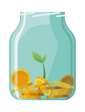 Investing bottle money, icon. Money growing concept, finance savings tree, finances investment. Money growing plant step with deposit coin in bank conceptのイラスト素材