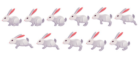 Rabbit animation icon set. Bunny jump or animated running motion cycle for 2d game. Speed run hare animal, sprite sheet different move. Vector illustration isolated on white backgroundのイラスト素材