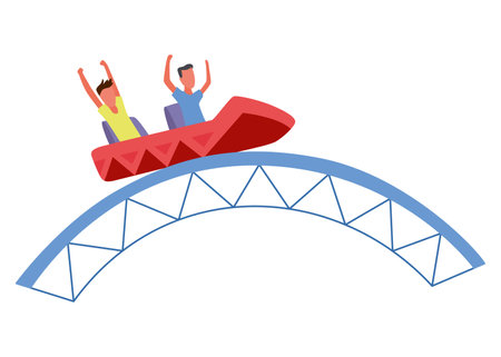 Roller coaster happy people. Rollercoaster. Friends riding in amusement park have fun positive emotion, park attractions. Young people having fun and enjoyment, cartoon vector illustrationのイラスト素材
