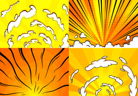 Sunset comic background set. Bright pop art with halftone color. Comics book cartoon, magazine cover. Funny retro pattern strip mock up illustrationのイラスト素材