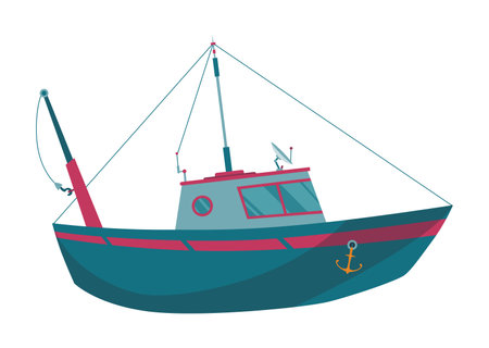 Fishing boat. Commercial fishing industry. Banner with watercraft or motor boat for fishing industry. Flat vector illustrationのイラスト素材