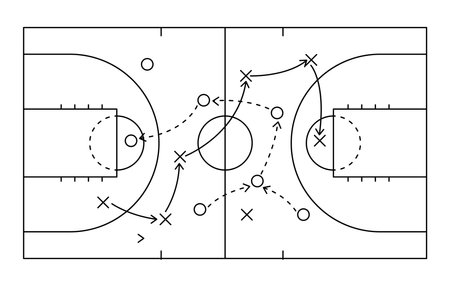 Basketball strategy field, game tactic board template. Hand drawn basketball game scheme, learning sport plan board. Court in line style. Vector illustrationのイラスト素材