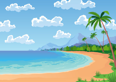 Beach landscape with palm trees, sandy shore, blue water and sky, and clouds. Beautiful seaside tropical banner. Summertime vacation on sea coast, vector illustrationのイラスト素材