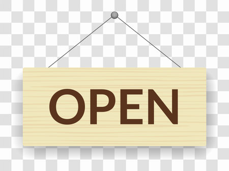 Open signboard icon. Announcement banner, information signage, board. Wooden hanging door sign for cafe, restaurant, bar or retail store. Vector illustrationのイラスト素材