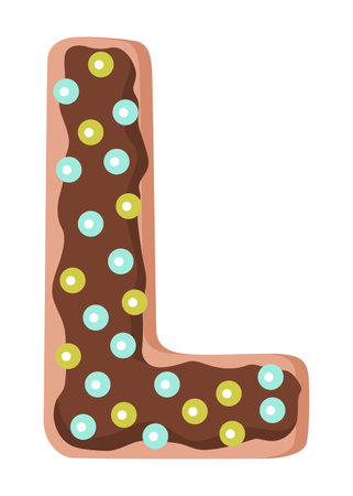Cartoon cookies font. Vector letter baking in colored glaze. Creative gingerbread typography design. Childhood sweet donut. Letter Lのイラスト素材