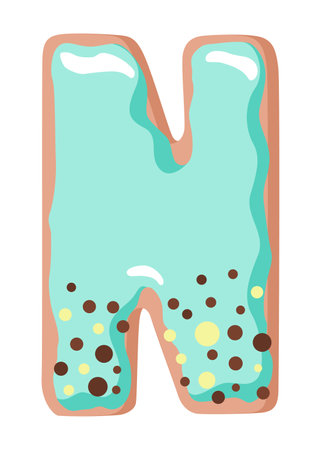 Cartoon cookies font. Vector letter baking in colored glaze. Creative gingerbread typography design. Childhood sweet donut. Letter Nのイラスト素材