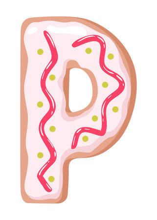 Cartoon cookies font. Vector letter baking in colored glaze. Creative gingerbread typography design. Childhood sweet donut. Letter Pのイラスト素材