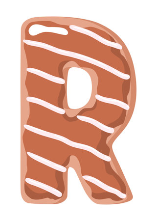 Cartoon cookies font. Vector letter baking in colored glaze. Creative gingerbread typography design. Childhood sweet donut. Letter Rのイラスト素材
