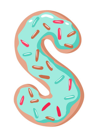 Cartoon cookies font. Vector letter baking in colored glaze. Creative gingerbread typography design. Childhood sweet donut. Letter Sのイラスト素材