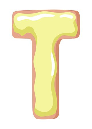 Cartoon cookies font. Vector letter baking in colored glaze. Creative gingerbread typography design. Childhood sweet donut. Letter Tのイラスト素材