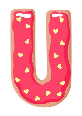 Cartoon cookies font. Vector letter baking in colored glaze. Creative gingerbread typography design. Childhood sweet donut. Letter Uのイラスト素材