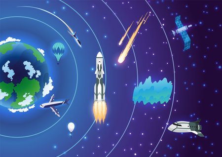 Earth atmosphere layers. Colorful infographic poster with meteors, radiosonde, satellite and spaceship. Vector illustration, starry sky backgroundのイラスト素材