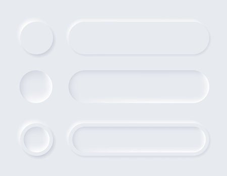 Neumorphic buttons. Simple trendy design elements UI components isolated on light background. Control element for website, mobile app menu and navigation with rounded edgesのイラスト素材